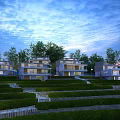 Modern Multi Storey Hotel Building With Terraced Greenery And Warm Lighting At Twilight