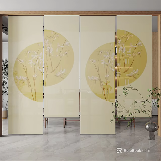 Light Yellow Decorative Curtains With Circular Patterns And White Floral Branches 3d model