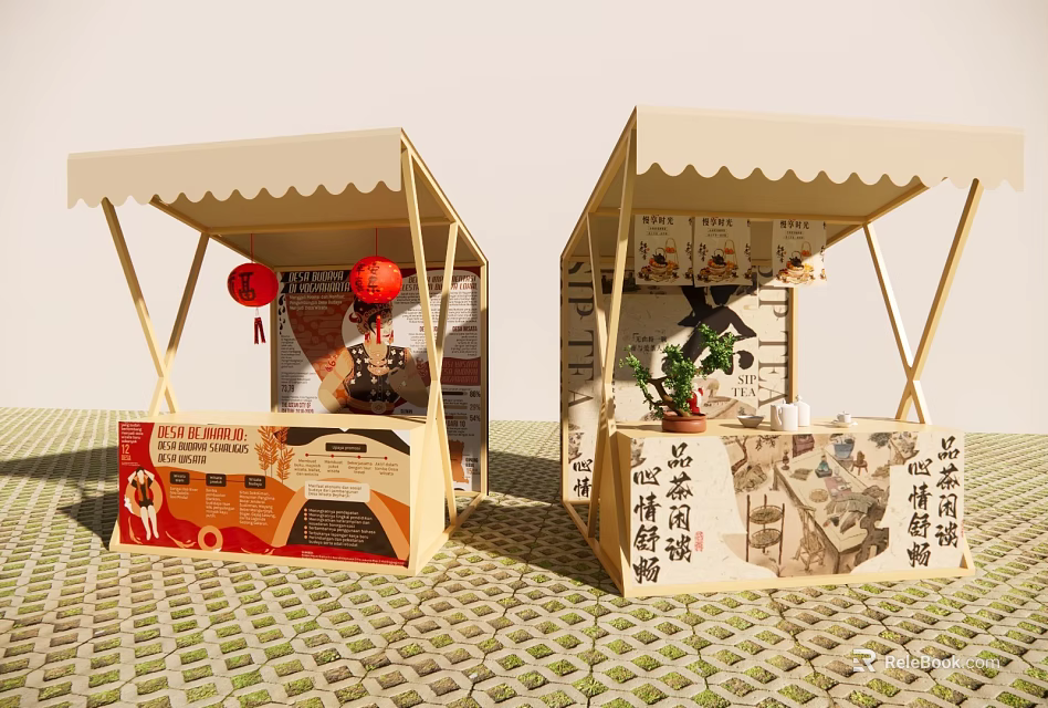Traditional Commercial Equipment with Awning Stalls Red Lanterns and Display Cabinets 3d model 