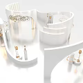 Modern Elegant Exhibition Hall With Curved White Displays And Hanging Lamps Design