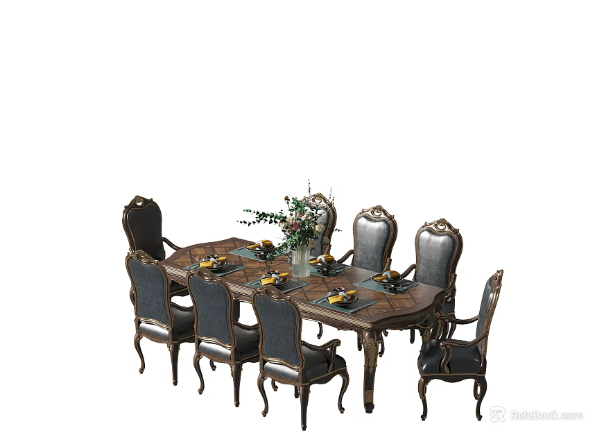 Classic Dining Table Set With Carved Chairs Floral Arrangement And Tableware 3d model 