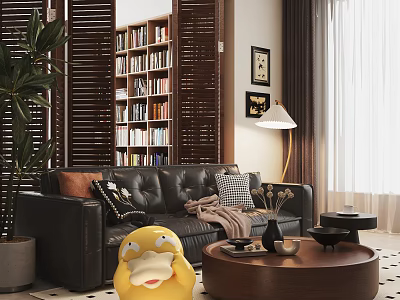 Cozy Vintage Living Room With Black Leather Sofa Round Wooden Coffee Table And Large Bookshelf 3d model