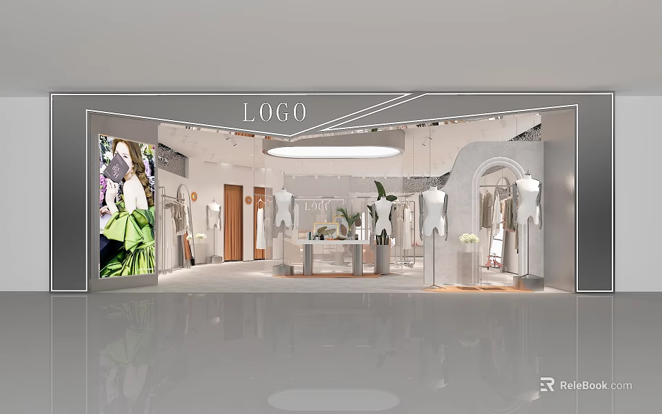 Elegant Clothing Store Interior With Window Display Mannequins And White Decor 3d model 