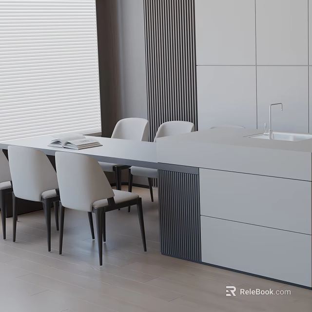 Modern Dining Table Set Interior Design With White Countertop And Chairs In Open Kitchen 3d model 