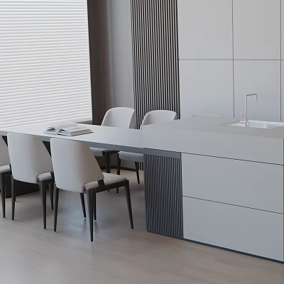 Modern Dining Table Set Interior Design With White Countertop And Chairs In Open Kitchen 3d model