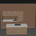 Warm Brown Kitchen Interior With Wooden Cabinets And White Countertop Island