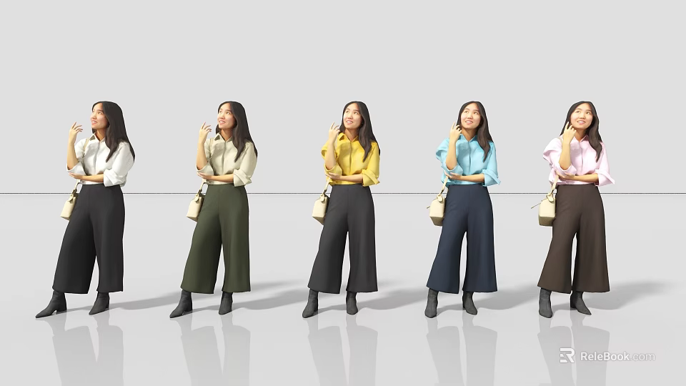 Multiple Women Standing In Stylish Outfits With Colored Tops And Wide Leg Pants Holding Handbags 3d model 