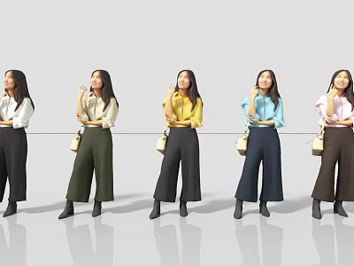 Multiple Women Standing In Stylish Outfits With Colored Tops And Wide Leg Pants Holding Handbags 3d model