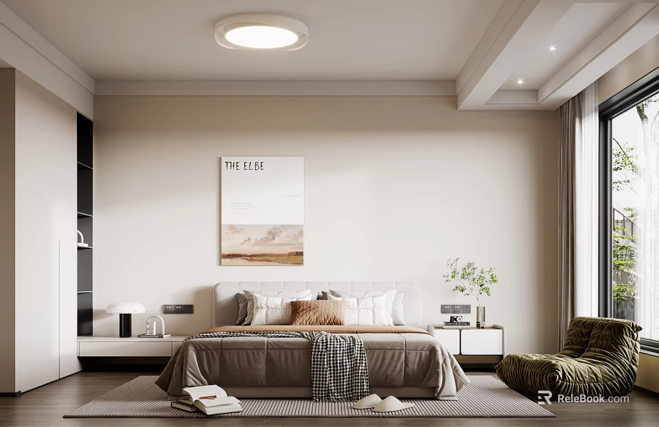 Modern Minimalist Bedroom Interior With Bed Pillows Decorative Poster Nightstands And Armchair 3d model 