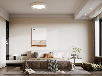 Modern Minimalist Bedroom Interior With Bed Pillows Decorative Poster Nightstands And Armchair 3d model