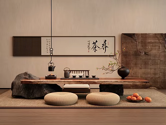 New Chinese Style Tea Table and Chair Tatami Tea Table and Chair Tea Table Wall Decoration Pendant Hanging Painting Vase Ornaments Futon 3d model