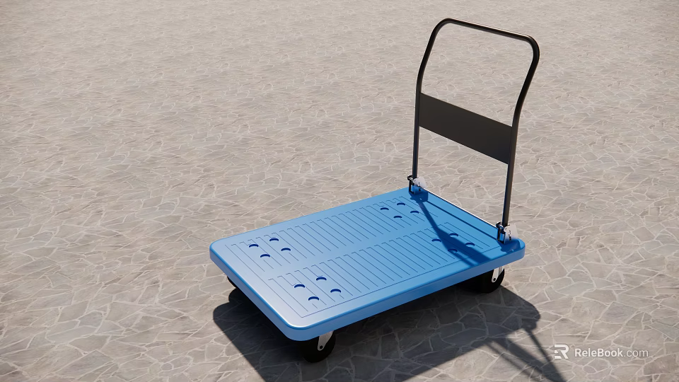 Blue Platform Trolley With Black Handle And Wheels On Stone Pavement 3d model