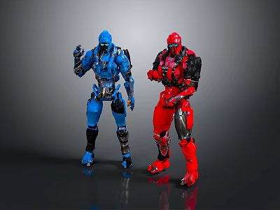 Game Movie Character Blue And Red Armored Robots Standing In Action Poses 3d model