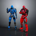 Game Movie Character Blue And Red Armored Robots Standing In Action Poses