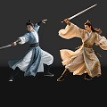 Game And Movie Characters In Ancient Costumes Performing Dynamic Sword Fighting Poses