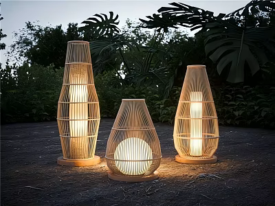 Three Unique Shaped Wicker Rattan Abstract Floor Lamps Illuminated With Green Plants Outdoor 3d model