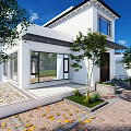 Modern Single Family House With White Exterior Two Story Large Glass Windows And Front Garden