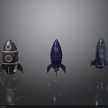 Copper Purple Blue Space Rocket Models With Shiny Surface On Gray Background