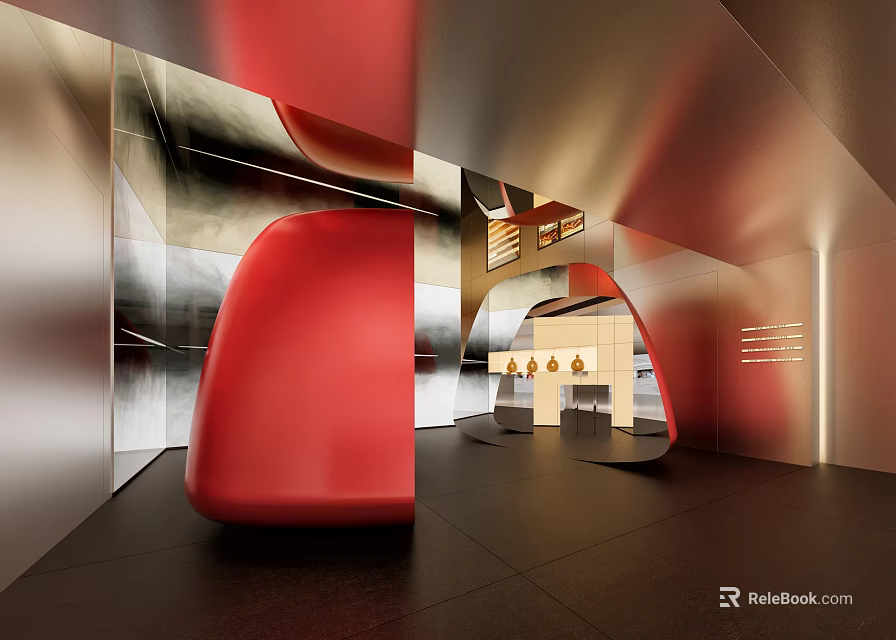 Modern Exhibition Hall Interior With Red Curved Furniture Metallic Walls And Open Space Design 3d model 
