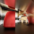 Modern Exhibition Hall Interior With Red Curved Furniture Metallic Walls And Open Space Design