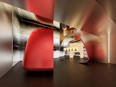Modern Exhibition Hall Interior With Red Curved Furniture Metallic Walls And Open Space Design 3d model