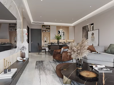 Modern Living and Dining Room Interior With Sofa Coffee Table Dining Chairs And Decorative Paintings 3d model
