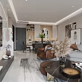 Modern Living and Dining Room Interior With Sofa Coffee Table Dining Chairs And Decorative Paintings