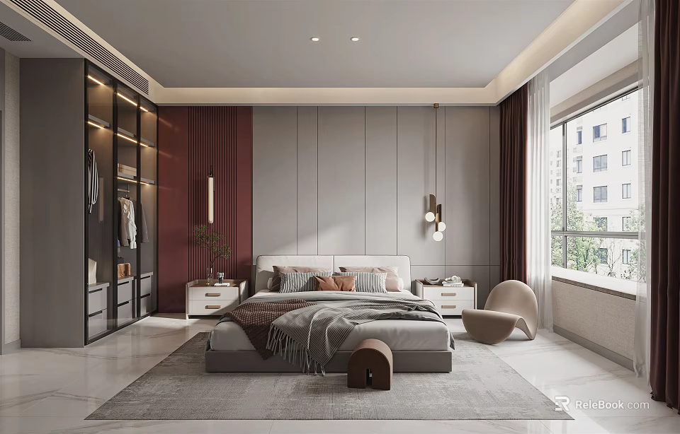 Modern Bedroom Interior Design With Comfortable Bed Built in Wardrobe And Large Window 3d model