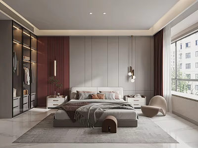 Modern Bedroom Interior Design With Comfortable Bed Built in Wardrobe And Large Window 3d model