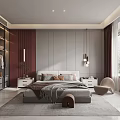 Modern Bedroom Interior Design With Comfortable Bed Built in Wardrobe And Large Window 3d model