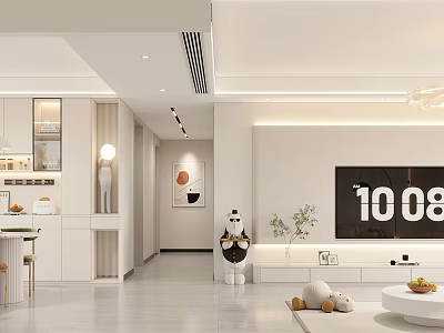 Modern Living Dining Room Design With Open Layout White Furniture Wall Art And Green Plant 3d model