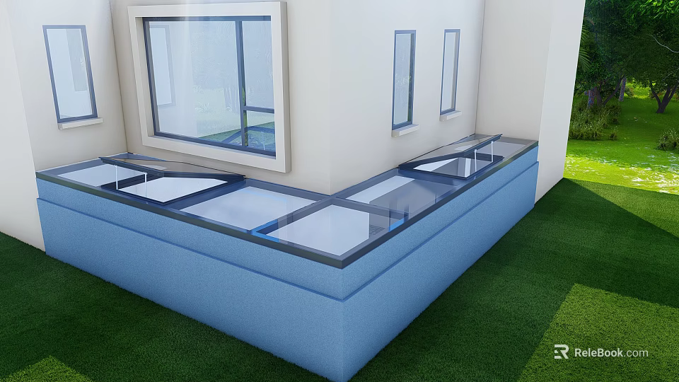 Modern Detached Villa With Blue Base Glass Top Windows And Green Lawn 3d model 