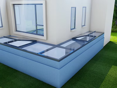 Modern Detached Villa With Blue Base Glass Top Windows And Green Lawn 3d model