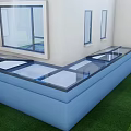 Modern Detached Villa With Blue Base Glass Top Windows And Green Lawn