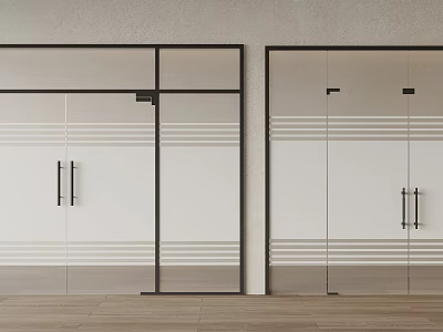Modern Glass Double Doors With Black Frame Horizontal Lines And Minimalist Wall Wooden Floor 3d model