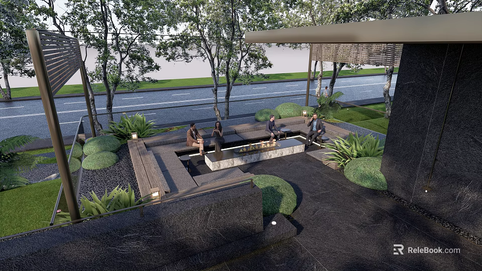 Outdoor Sofa In Garden With Green Plants Trees And People Sitting 3d model 