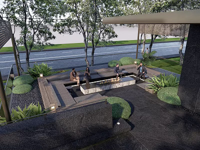 Outdoor Sofa In Garden With Green Plants Trees And People Sitting 3d model