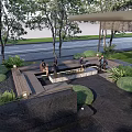 Outdoor Sofa In Garden With Green Plants Trees And People Sitting