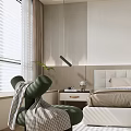 Modern Bedroom Interior With Upholstered Bed Abstract Wall Art Pendant Light And Green Plant