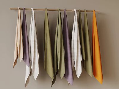 Colorful Towels Hanging On Wooden Rod With Various Colors Arranged Neatly 3d model