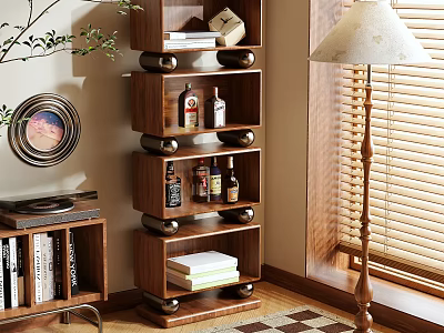 Wooden Multilayer Shelving Unit For Living Room Storage With Books Bottles And Decorative Items 3d model