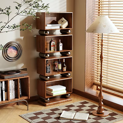 Wooden Multilayer Shelving Unit For Living Room Storage With Books Bottles And Decorative Items 3d model