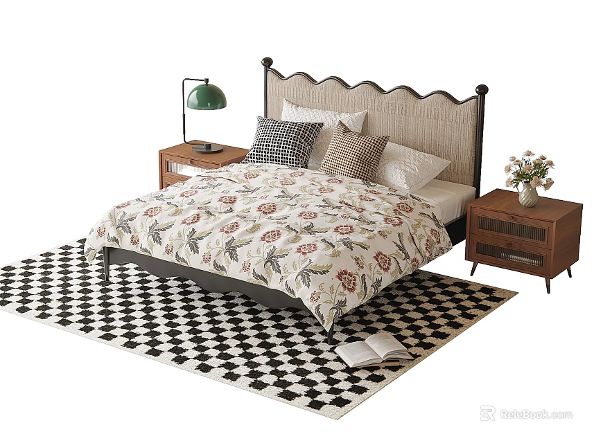Kids Bed With Scalloped Headboard Floral Quilt Wooden Nightstands Lamp Vase Checkered Rug And Book 3d model 