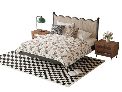 Kids Bed With Scalloped Headboard Floral Quilt Wooden Nightstands Lamp Vase Checkered Rug And Book 3d model