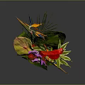 Colorful Plant With Red Flowers Purple Orchids Yellow Leaves Green Foliage And Red Pot