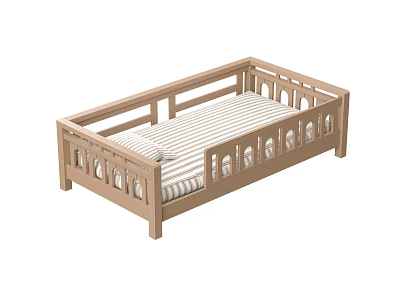 Wooden Children's Bed with Guardrails and Striped Mattress Safe and Comfortable for Kids 3d model