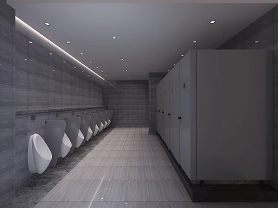 Public Restroom Interior With Gray Tiled Walls White Urinals Stalls And Ceiling Lights 3d model