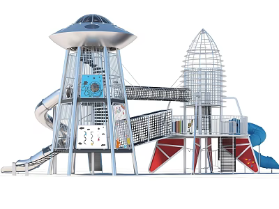Outdoor Garden Landscape With Flying Saucer Shaped Tower Rocket Structure And Slides 3d model