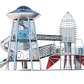Outdoor Garden Landscape With Flying Saucer Shaped Tower Rocket Structure And Slides