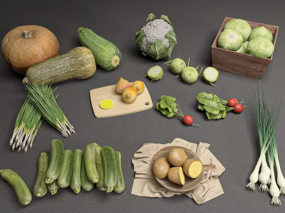 Assorted Fresh Vegetables Display With Pumpkin Zucchini Cauliflower Radishes Cucumbers Potatoes And Scallions 3d model